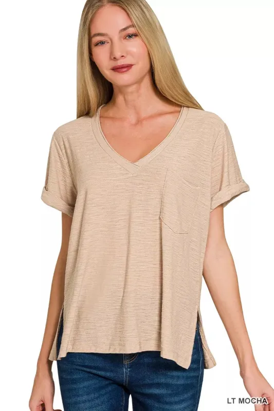 Zenana Slub Rolled Short Sleeve V-Neck Tee sold by Charming Charlie