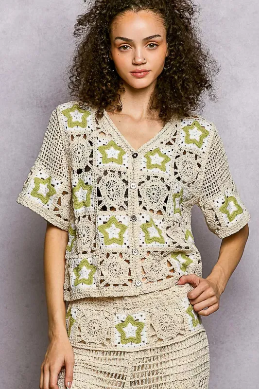POL Button Front V-Neck Crochet Cardigan with Contast Star made by Trendsi