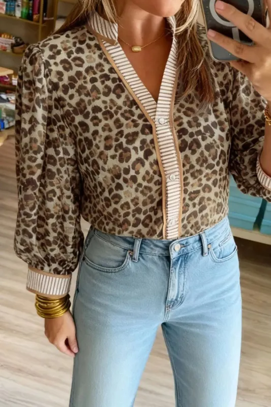 Contrast Striped Trim V Neck Leopard Shirt sold by Charming Charlie