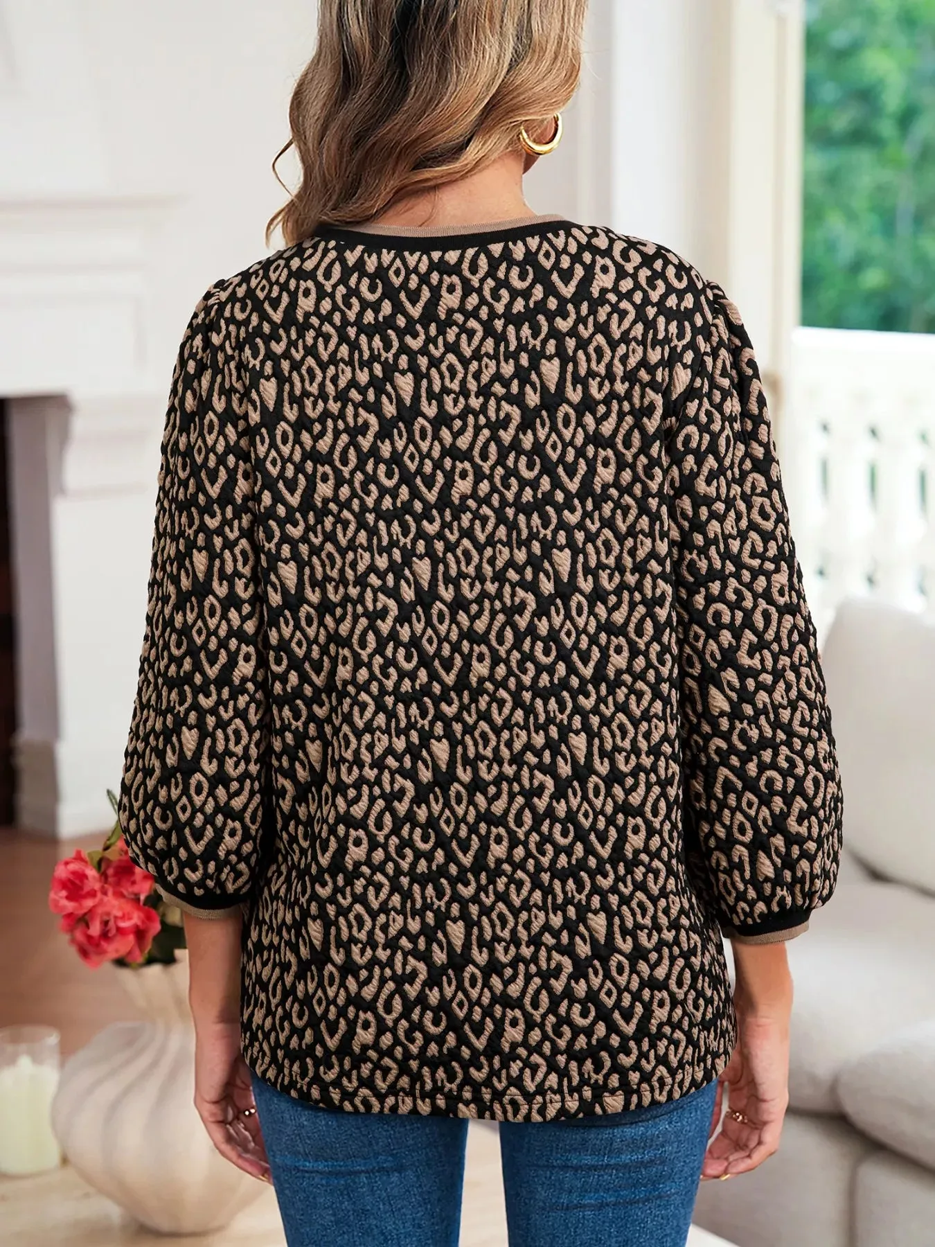 Leopard Print Puffy Bracelet Sleeve Contrast Trim Round Neck Top sold by Charming Charlie product image thumbnail 2