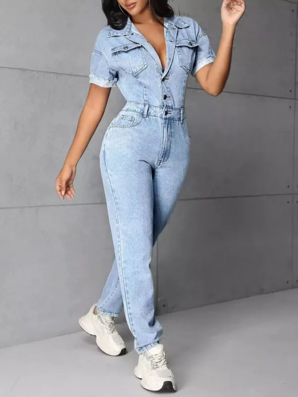 Button Front Short Sleeve Denim Jumpsuit sold by Charming Charlie