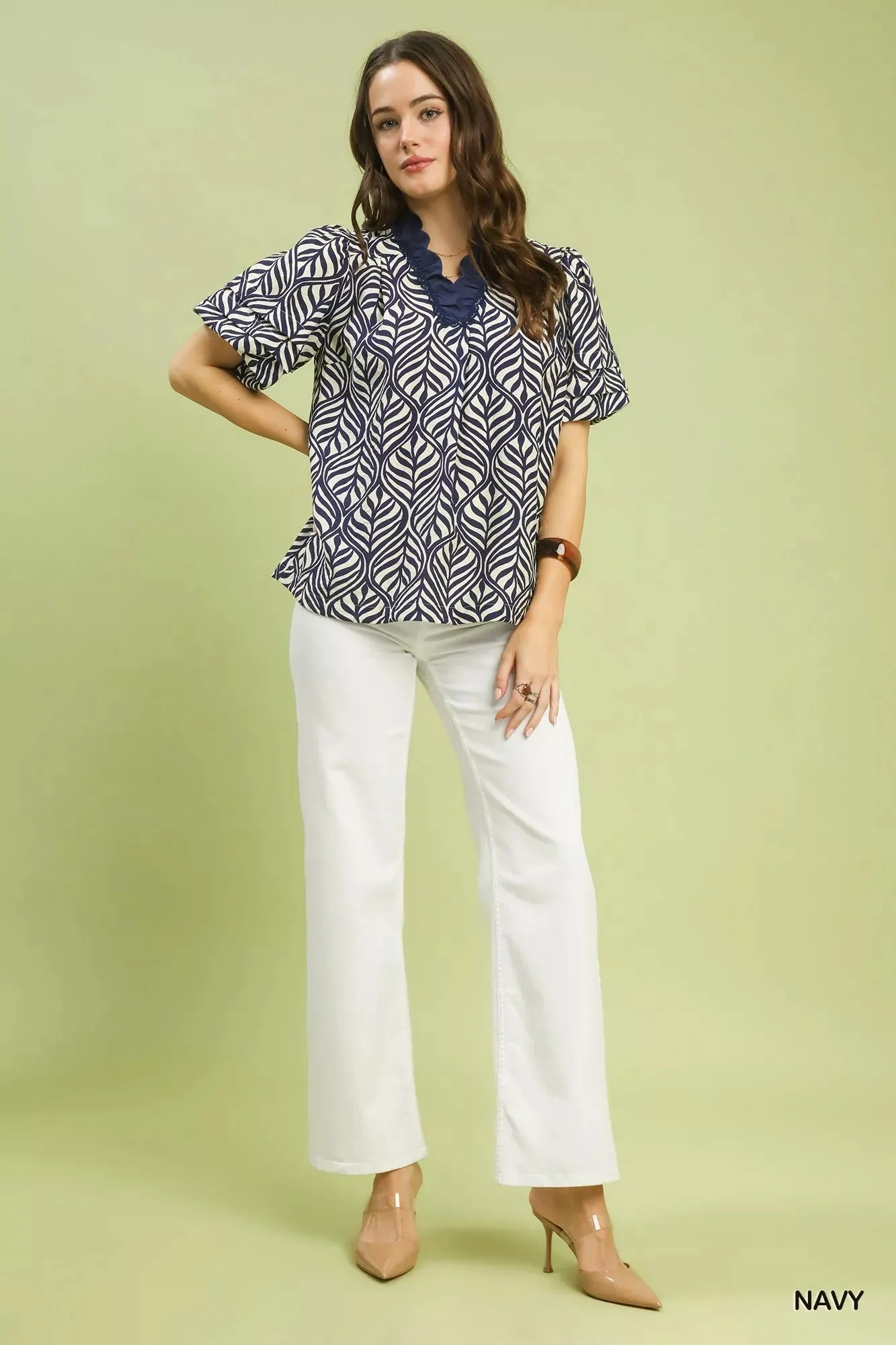 Umgee Printed Puff Sleeve Ruffle Neck Top sold by Charming Charlie product image thumbnail 5