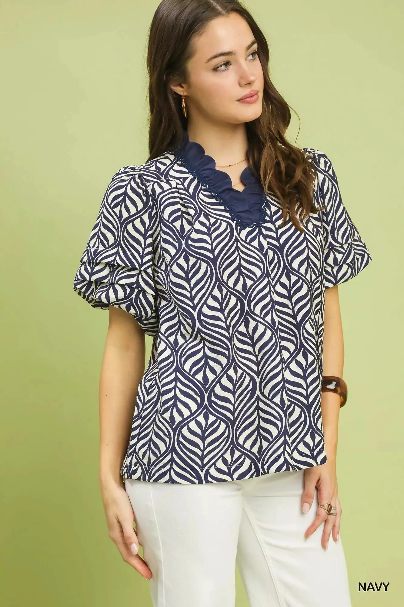 Umgee Printed Puff Sleeve Ruffle Neck Top sold by Charming Charlie product image thumbnail 2