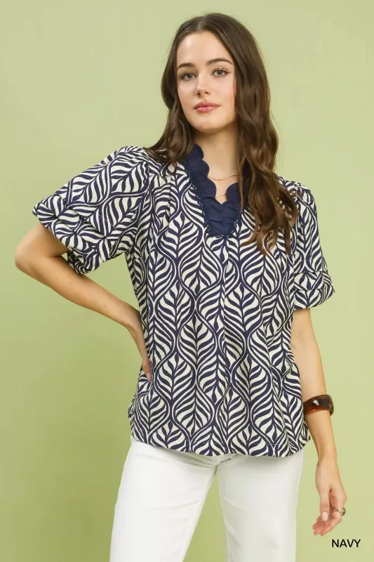 Umgee Printed Puff Sleeve Ruffle Neck Top sold by Charming Charlie