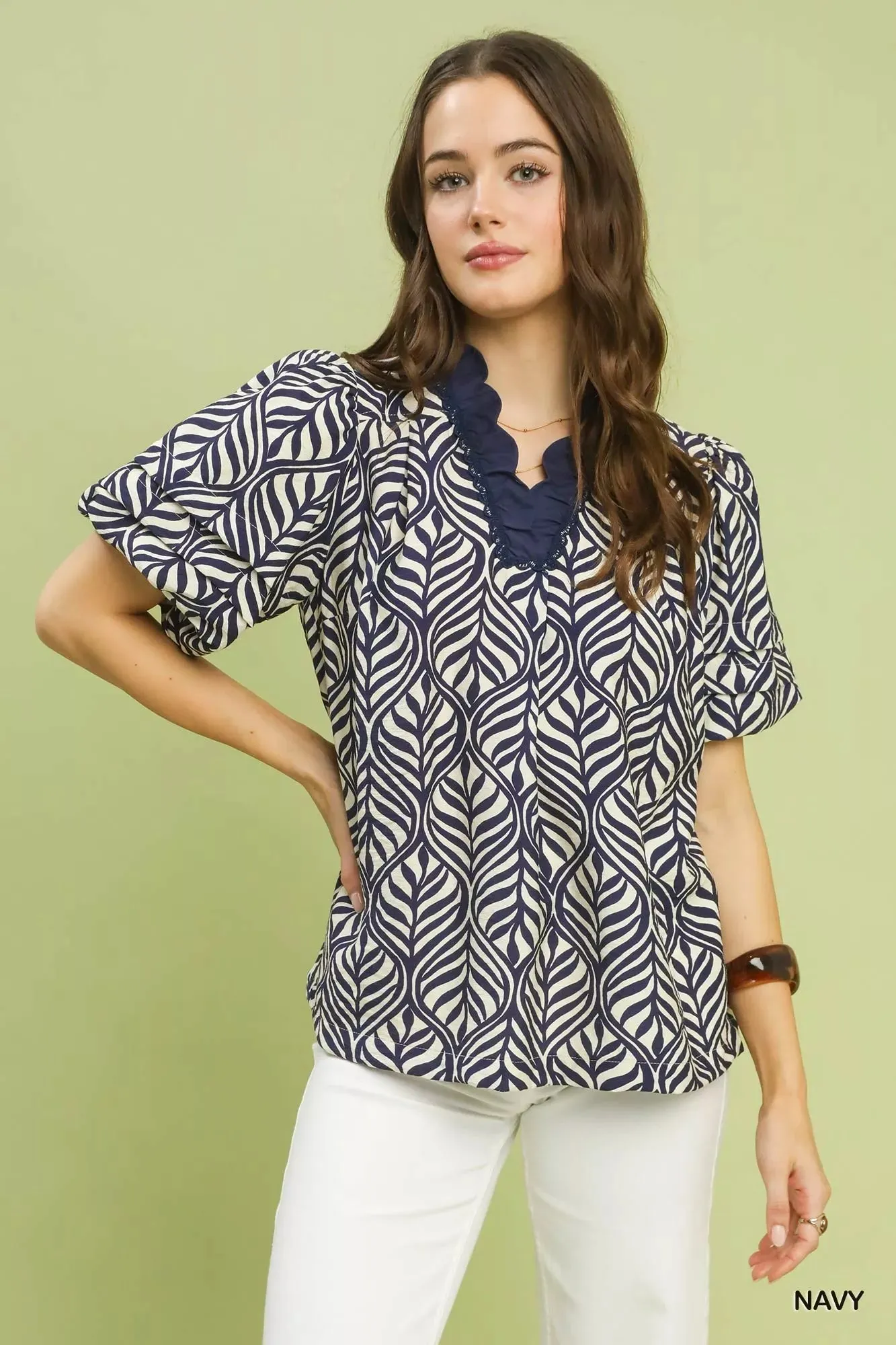 Umgee Printed Puff Sleeve Ruffle Neck Top sold by Charming Charlie