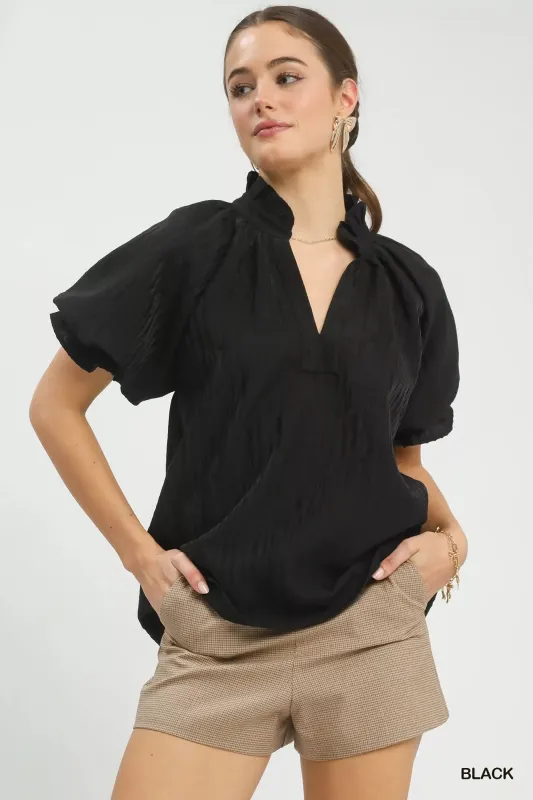 Umgee Textured Puff Sleeve Split Neck Top sold by Charming Charlie