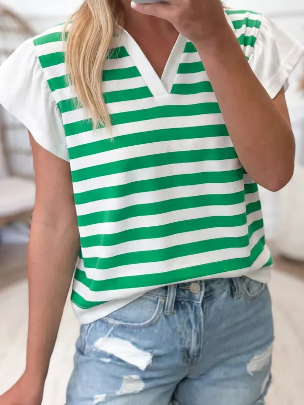 Stripe Collar V Neck Ruffled Short Sleeve Blouse sold by Charming Charlie