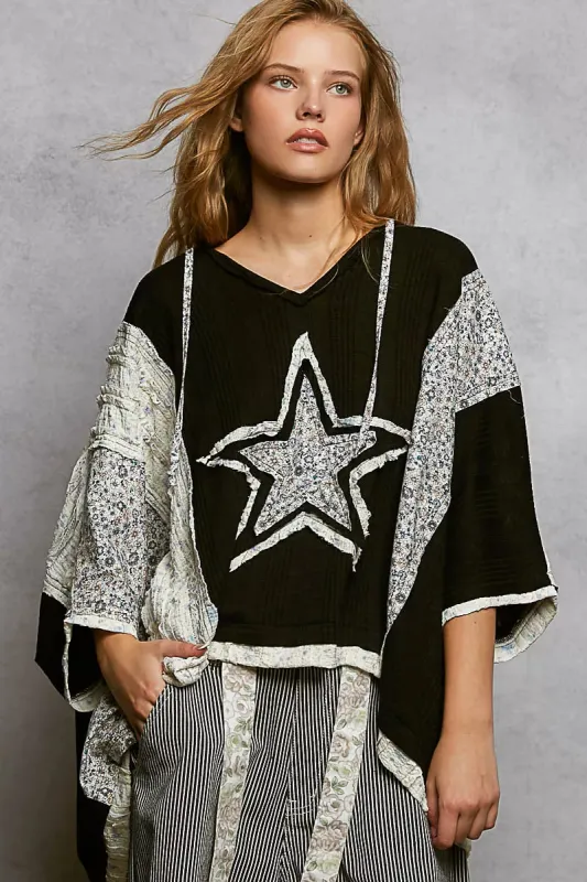 POL Floral Star Patch Hooded Blouse with Lace Contrast Detail sold by Charming Charlie