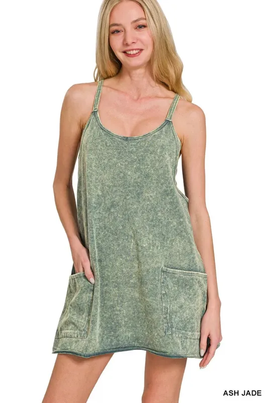 Zenana Acid Washed Mini Dress With Built-in Romper Liner sold by Charming Charlie