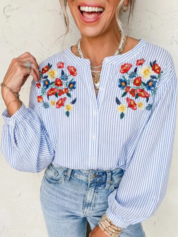 Stripe Floral Embroidered Billowy Sleeve Tunic Baggy Shirt sold by Charming Charlie