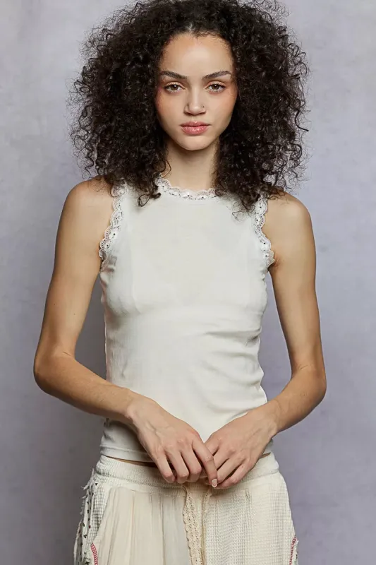 POL Round Neck Cropped Tank with Lace Trim sold by Charming Charlie