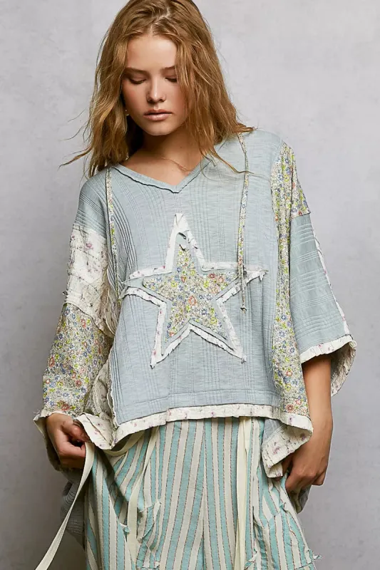 POL Floral Star Patch Hooded Blouse with Lace Contrast Detail sold by Charming Charlie