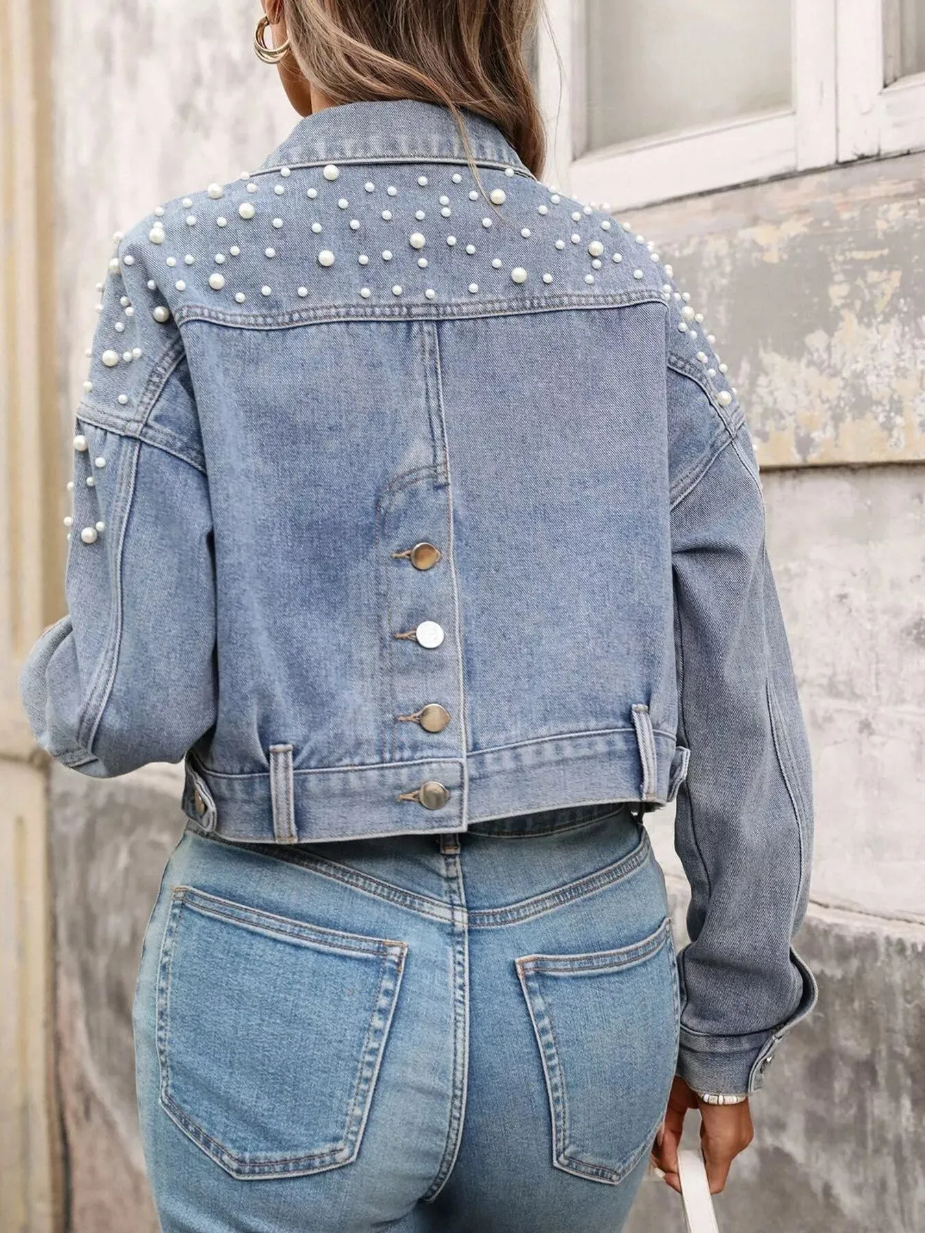 Pearl Embellished Cropped Denim Jacket sold by Charming Charlie product image thumbnail 4