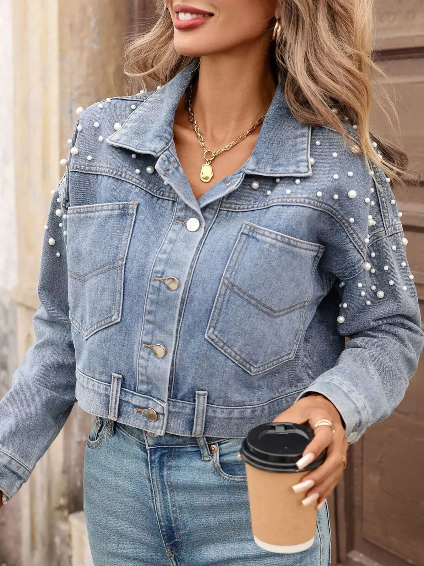 Pearl Embellished Cropped Denim Jacket sold by Charming Charlie product image thumbnail 2