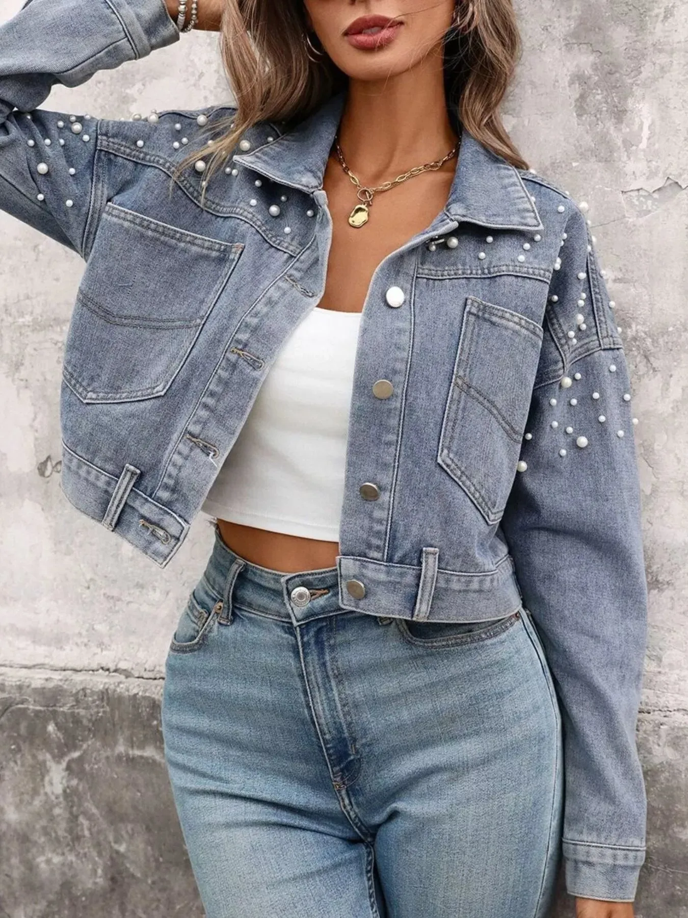Pearl Embellished Cropped Denim Jacket sold by Charming Charlie product image thumbnail 3