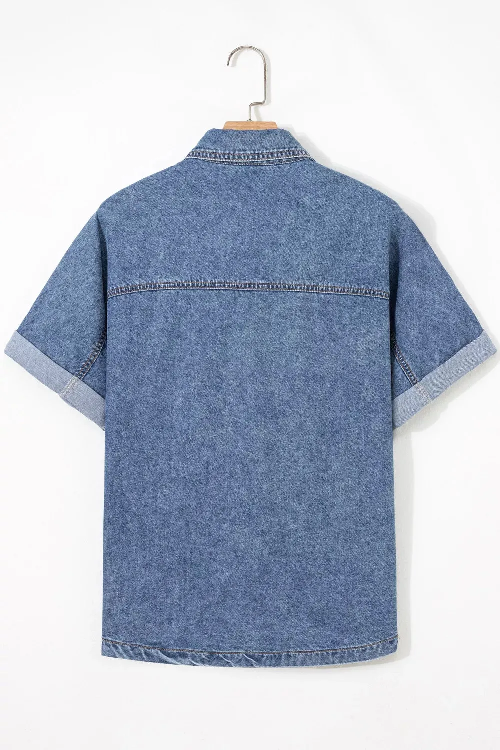 Button Flap Pocket Cuffed Short Sleeve Denim Shacket sold by Charming Charlie product image thumbnail 4