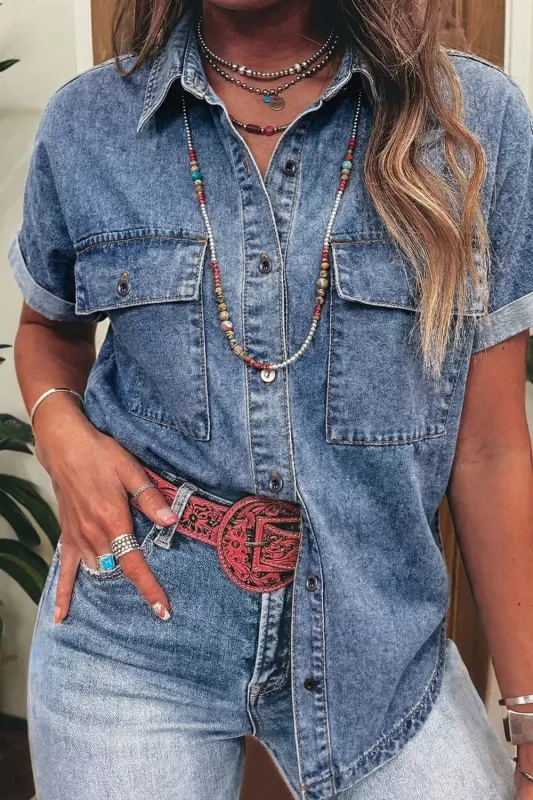 Button Flap Pocket Cuffed Short Sleeve Denim Shacket sold by Charming Charlie
