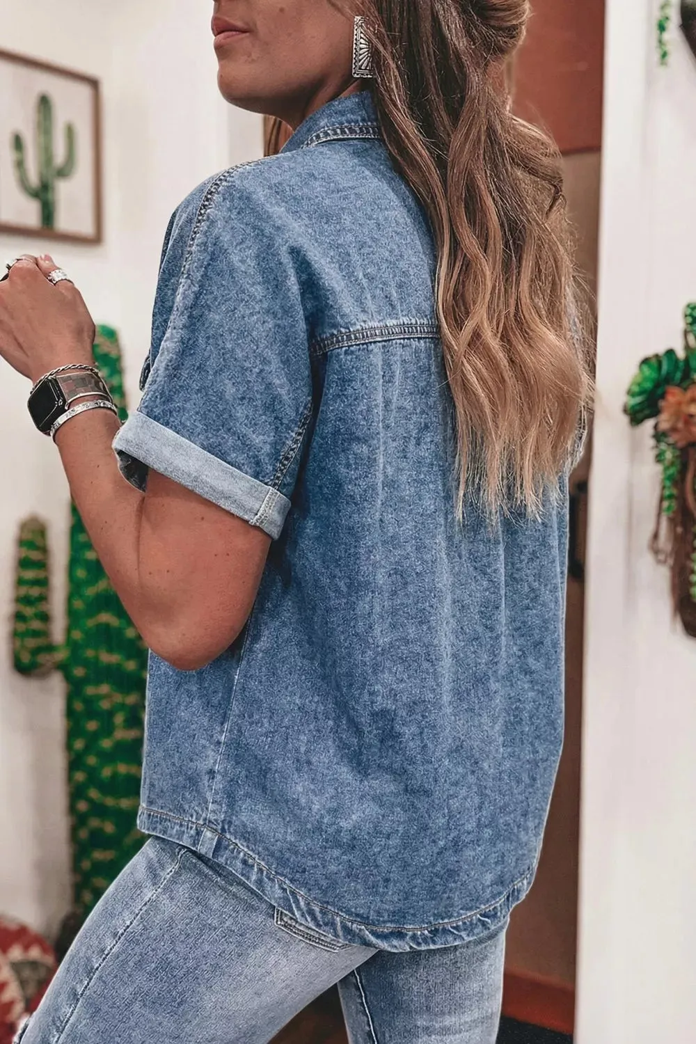 Button Flap Pocket Cuffed Short Sleeve Denim Shacket sold by Charming Charlie product image thumbnail 2