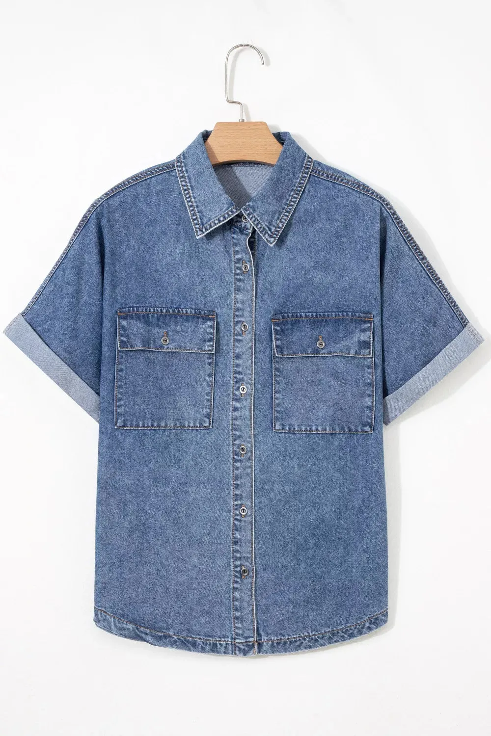 Button Flap Pocket Cuffed Short Sleeve Denim Shacket sold by Charming Charlie product image thumbnail 3
