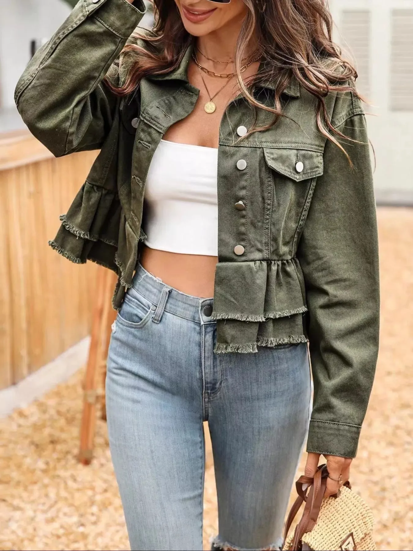 Ruffle Raw Hem Denim Jacket sold by Charming Charlie product image thumbnail 3