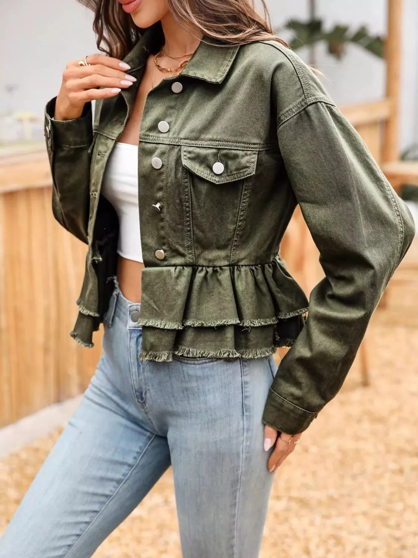 Ruffle Raw Hem Denim Jacket sold by Charming Charlie product image thumbnail 4