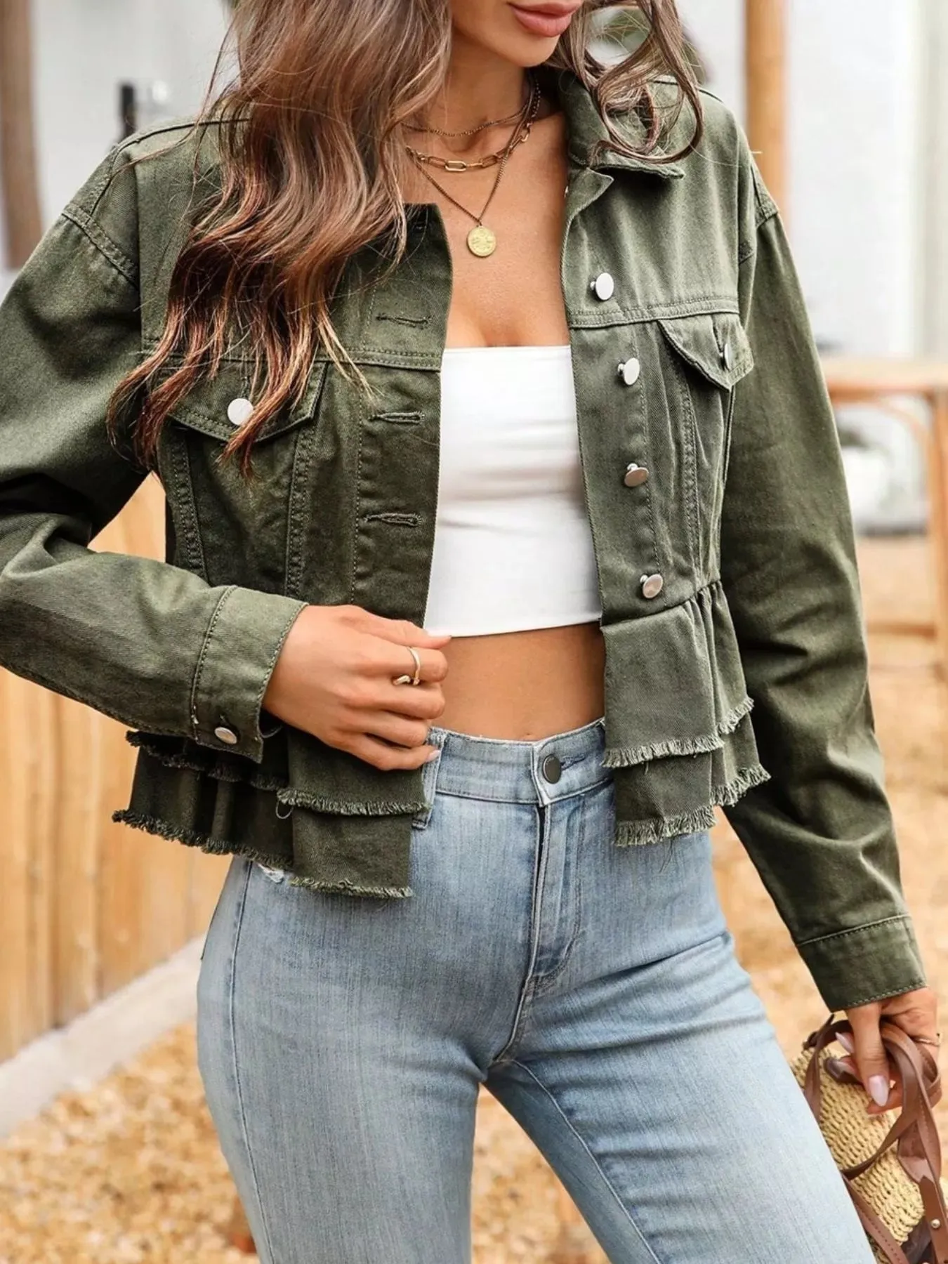 Ruffle Raw Hem Denim Jacket sold by Charming Charlie product image thumbnail 2