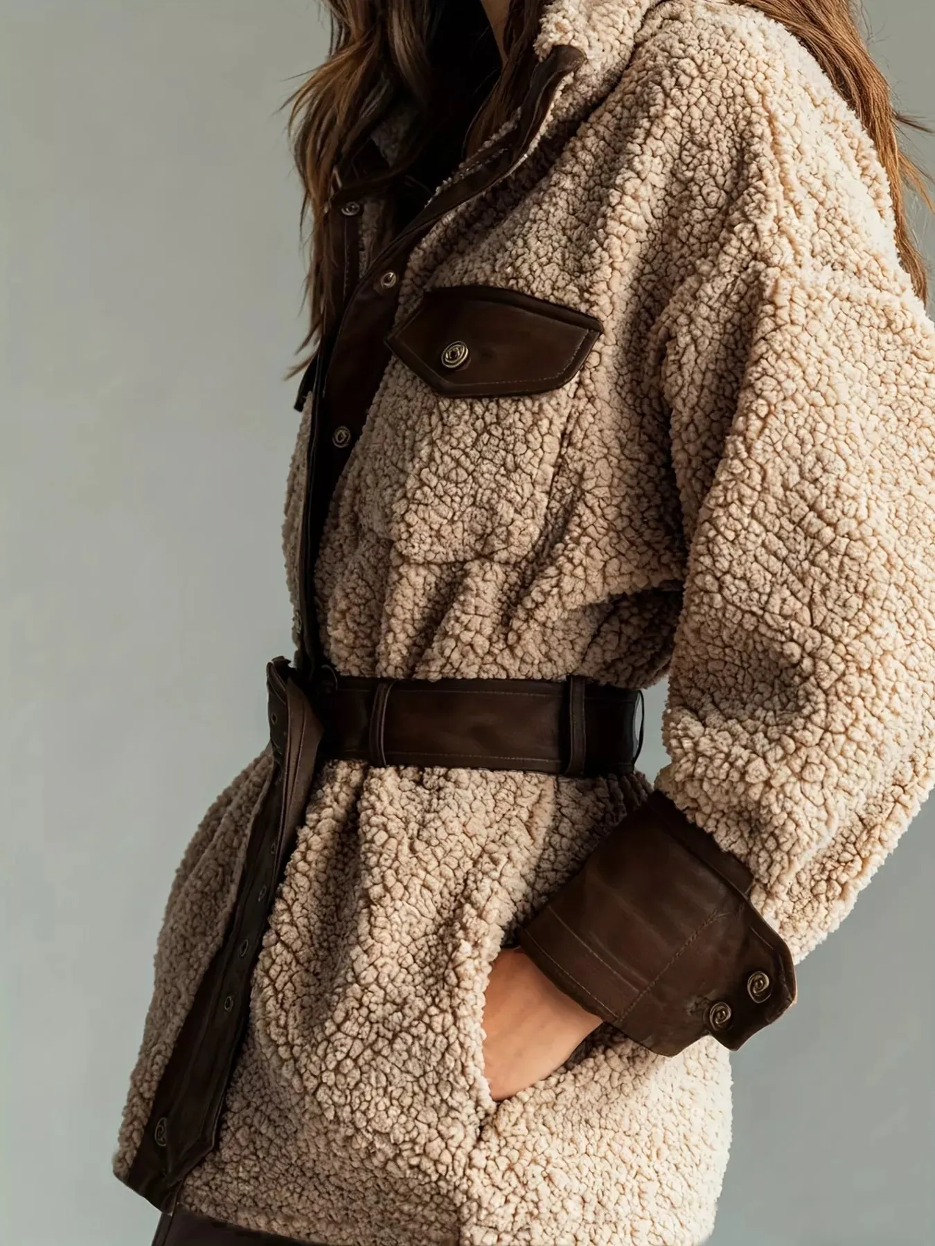 Leather Trim Sherpa Outerwear with Pockets sold by Charming Charlie product image thumbnail 3