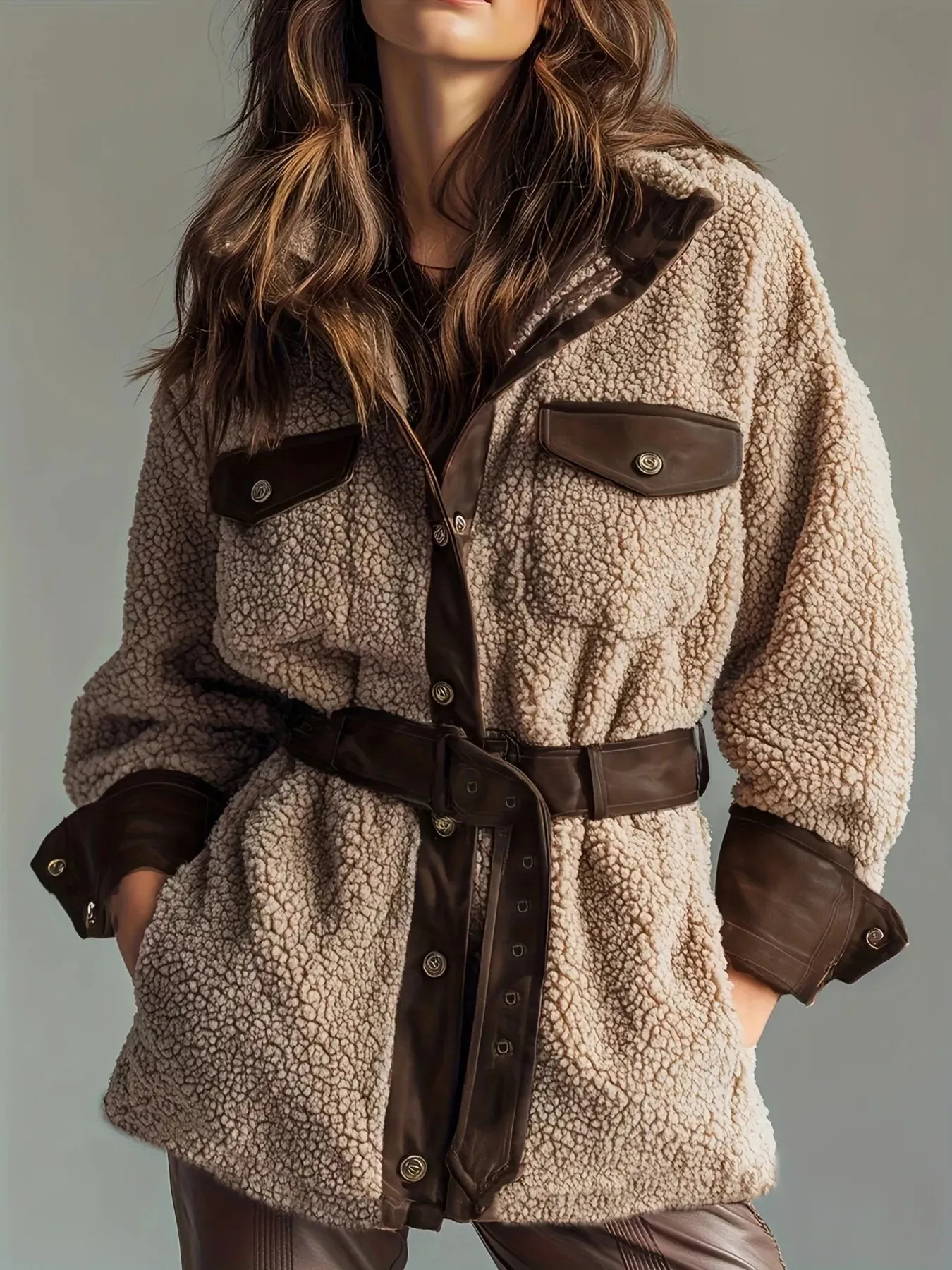 Leather Trim Sherpa Outerwear with Pockets sold by Charming Charlie