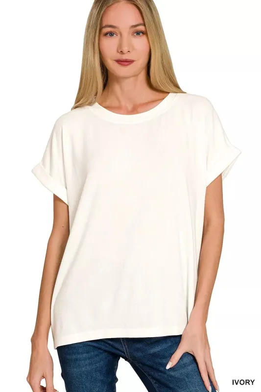 Zenana Soft Melange Hacci Short Sleeve Round Neck Top sold by Charming Charlie