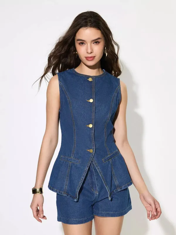 Button Up Sleeveless Denim Top and Shorts Set sold by Charming Charlie