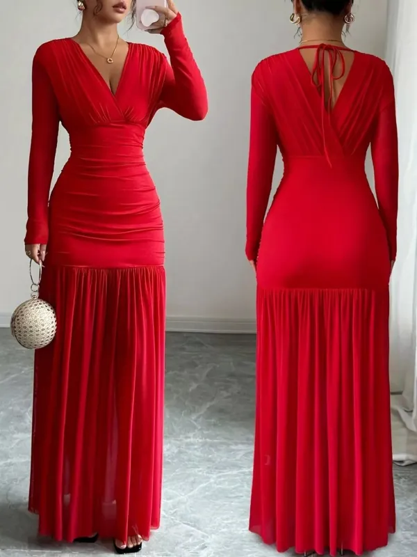 Ruched Surplice Long Sleeve Maxi Dress made by Trendsi