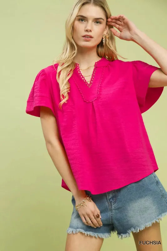 Umgee Seersucker Short Sleeve Top with Lace Trim made by Trendsi