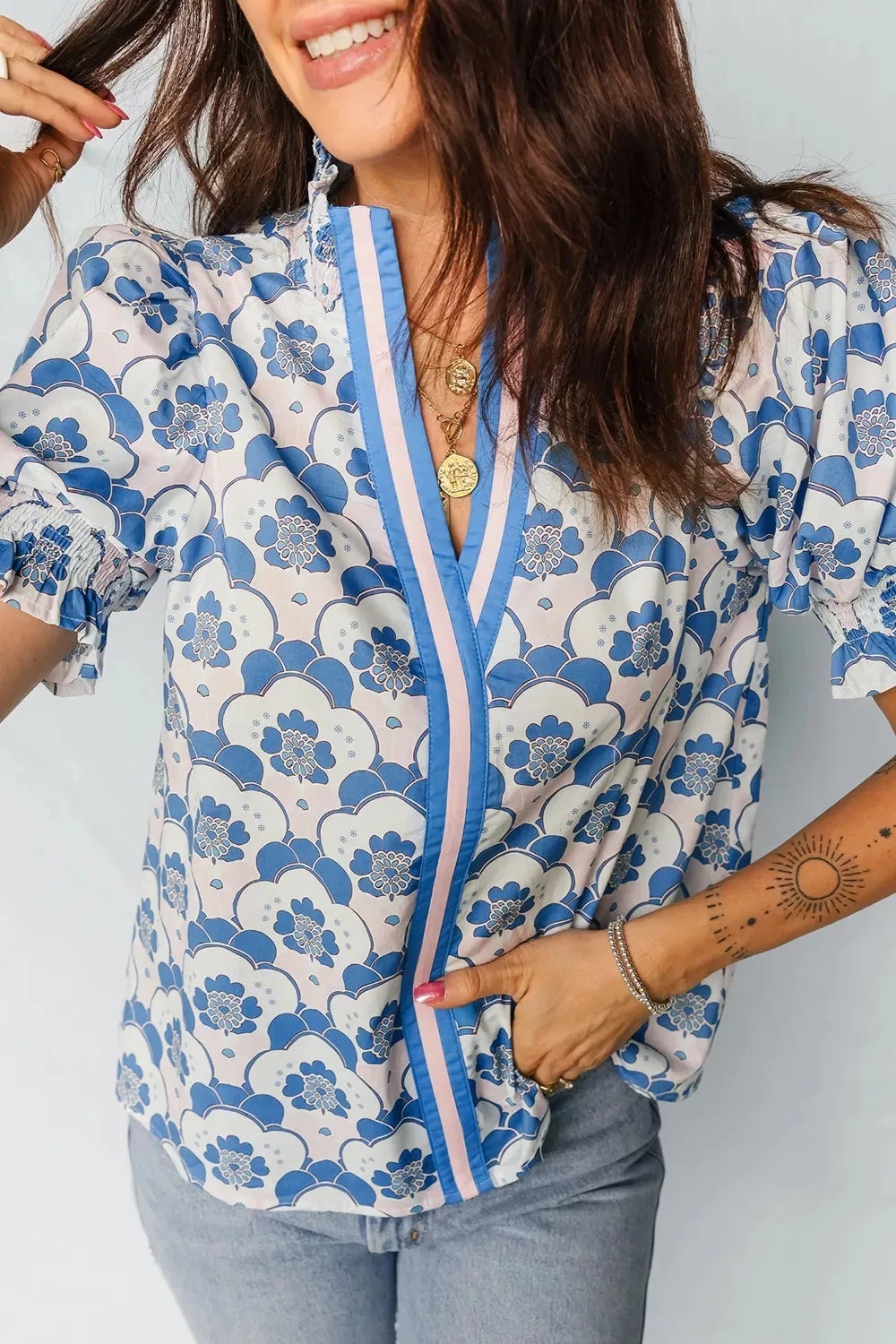 Floral Print Flounced Short Sleeve Contrast Trim V Neck Blouse sold by Charming Charlie product image thumbnail 5