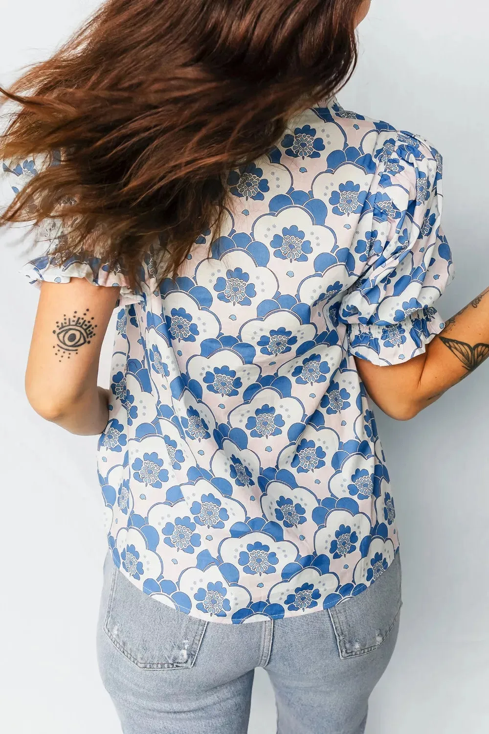 Floral Print Flounced Short Sleeve Contrast Trim V Neck Blouse sold by Charming Charlie product image thumbnail 2