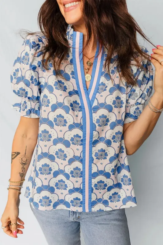 Floral Print Flounced Short Sleeve Contrast Trim V Neck Blouse sold by Charming Charlie