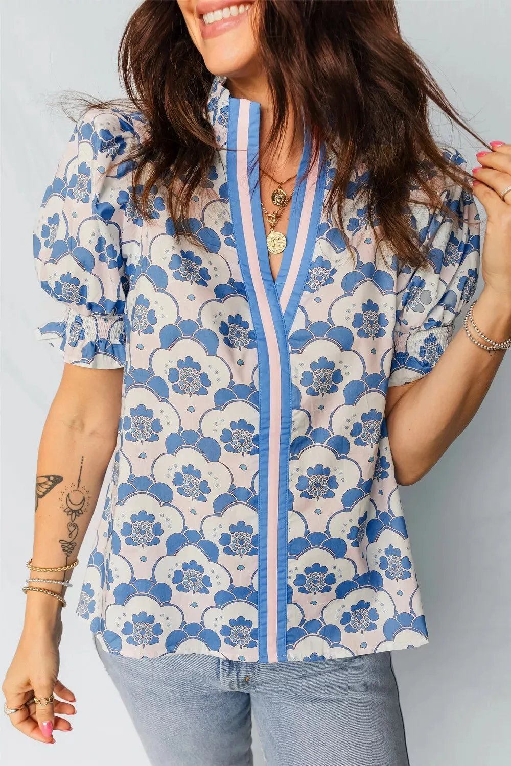 Floral Print Flounced Short Sleeve Contrast Trim V Neck Blouse sold by Charming Charlie