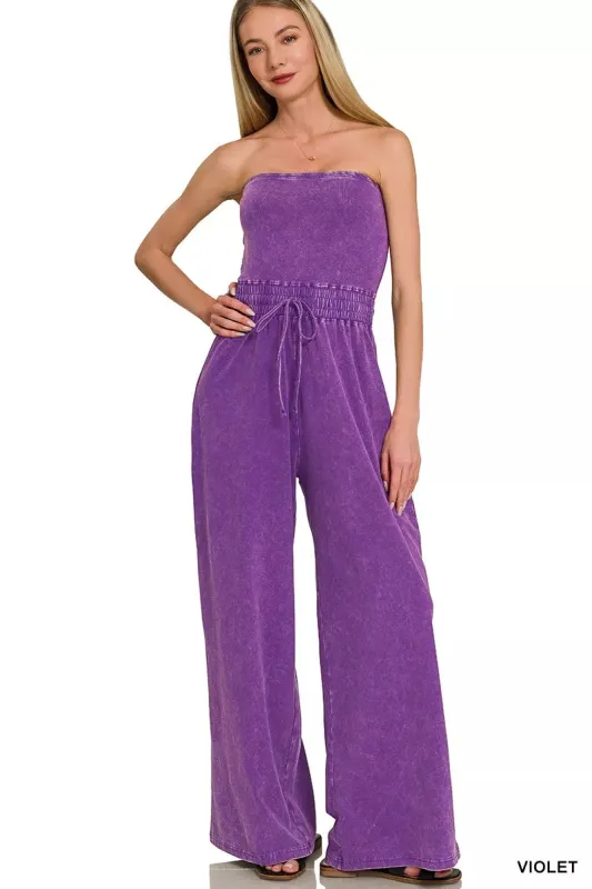 Zenana Acid Washed Strapless Tube Top Jumpsuit made by Trendsi