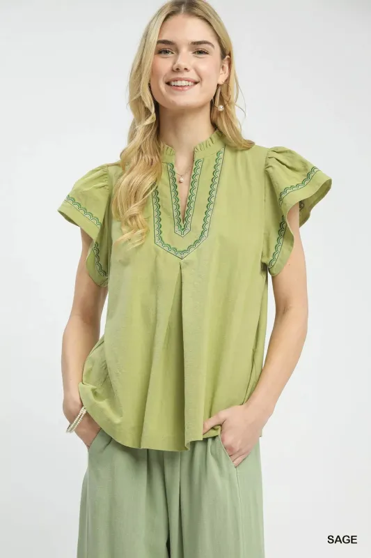 Umgee Embroidered Flutter Sleeve Blouse sold by Charming Charlie
