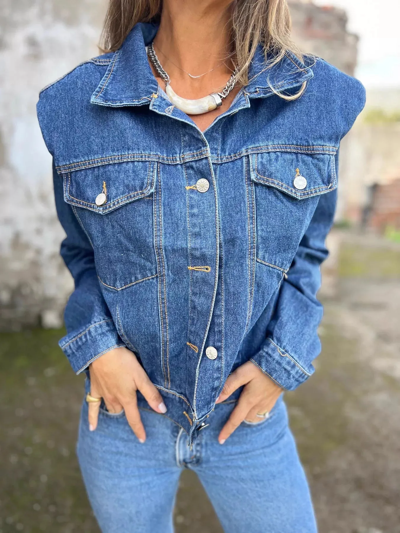 Plus Size Button Up Chest Pockets Denim Jacket sold by Charming Charlie product image thumbnail 2