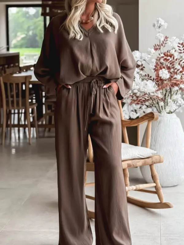 Braided V Neck Long Sleeve Loose Top and Drawstring High Waist Pants 2pcs Outfit sold by Charming Charlie