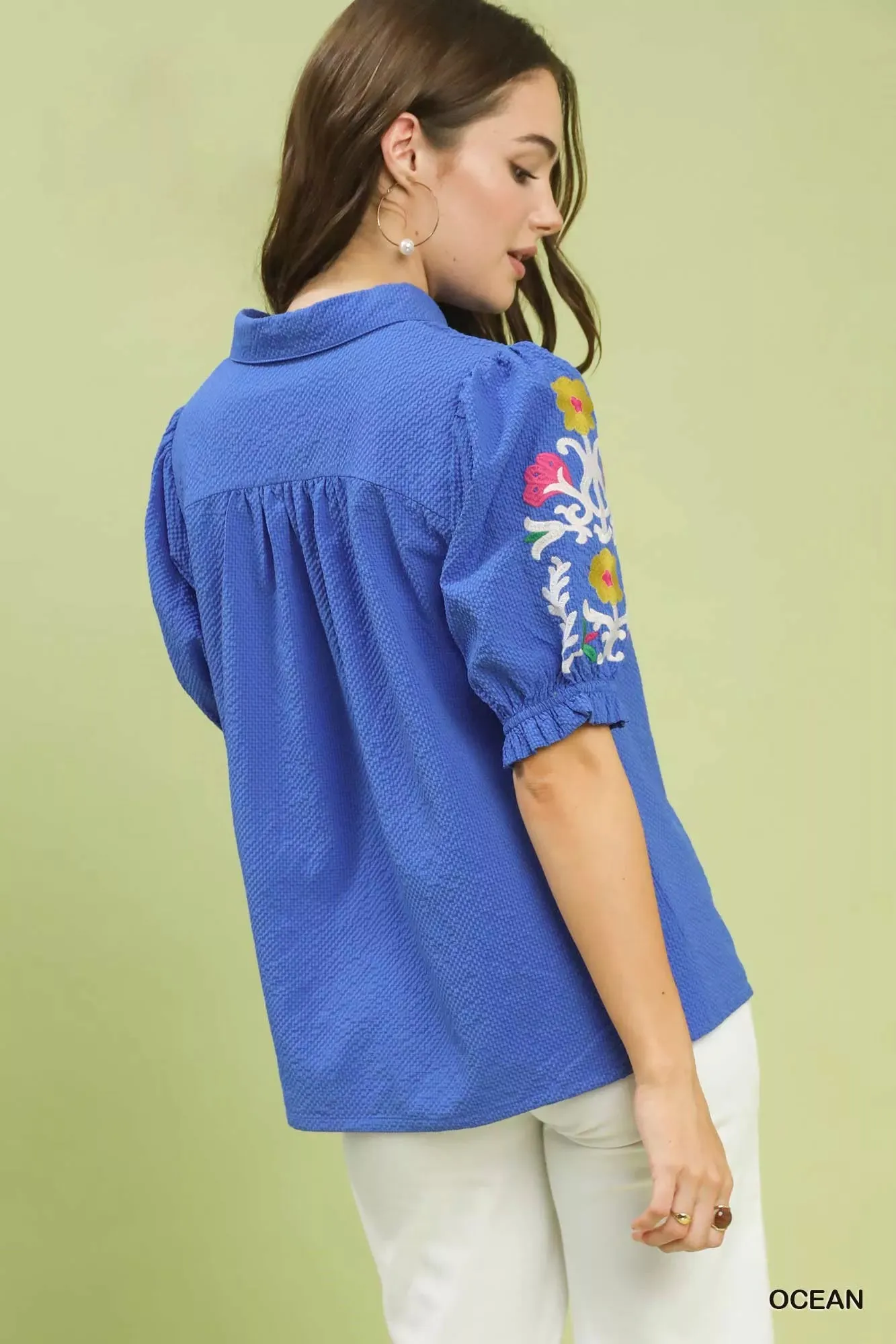 Umgee Seersucker Embroidered Sleeve Blouse sold by Charming Charlie product image thumbnail 3