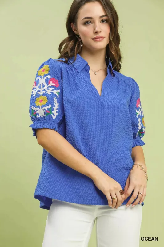 Umgee Seersucker Embroidered Sleeve Blouse made by Trendsi