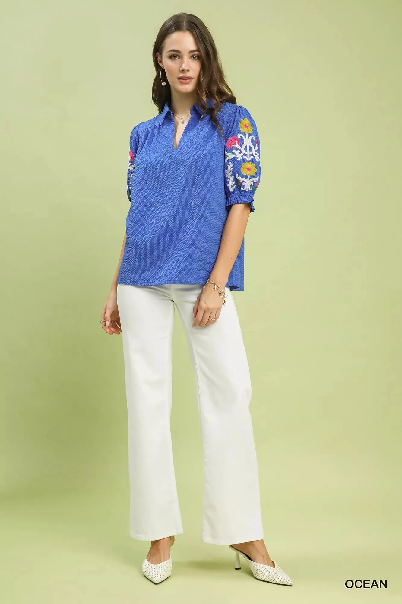 Umgee Seersucker Embroidered Sleeve Blouse sold by Charming Charlie product image thumbnail 5