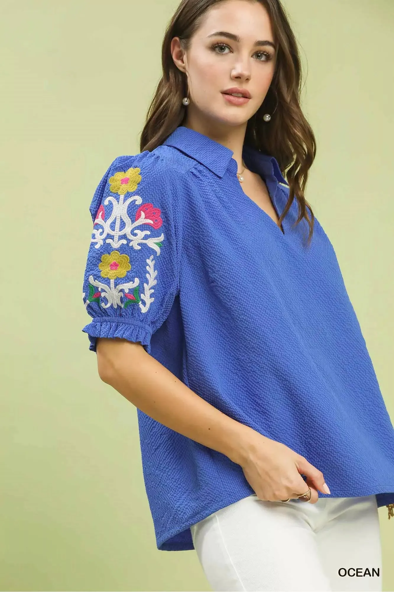 Umgee Seersucker Embroidered Sleeve Blouse sold by Charming Charlie product image thumbnail 2