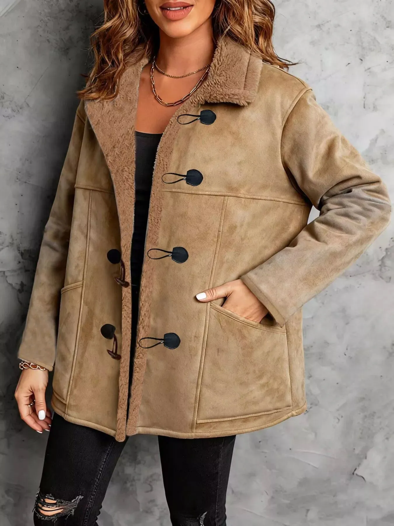 Faux Suede Sherpa Lined Toggle Coat sold by Charming Charlie product image thumbnail 3