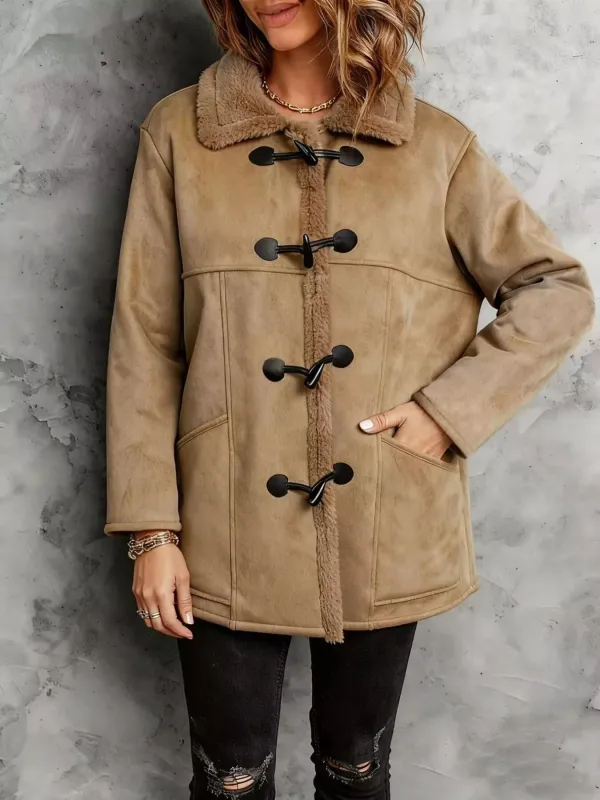 Faux Suede Sherpa Lined Toggle Coat sold by Charming Charlie