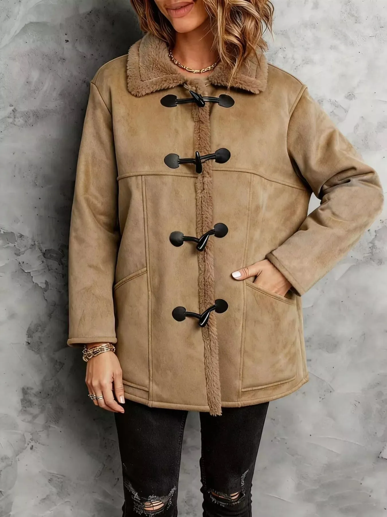 Faux Suede Sherpa Lined Toggle Coat sold by Charming Charlie