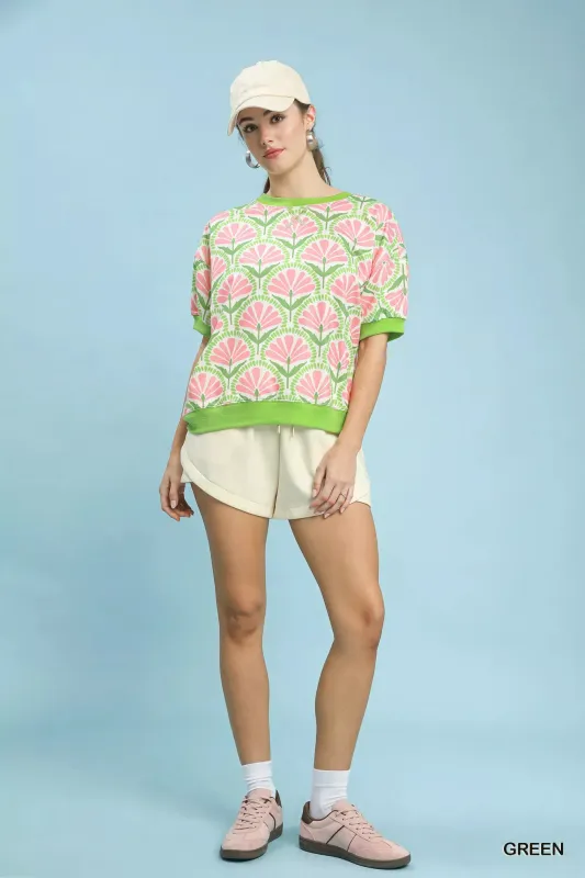 Umgee Floral Print Short Sleeve French Terry Top made by Trendsi