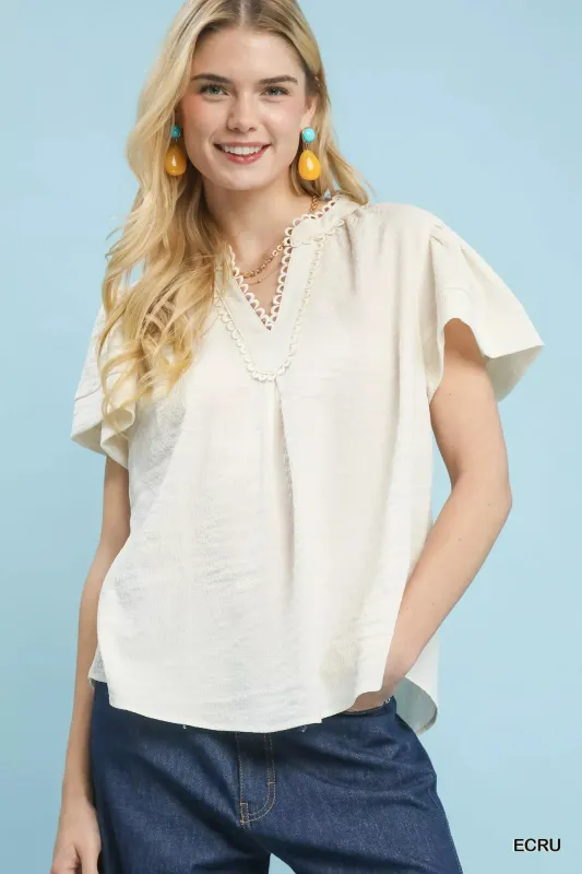 Umgee Seersucker Short Sleeve Top with Lace Trim made by Trendsi