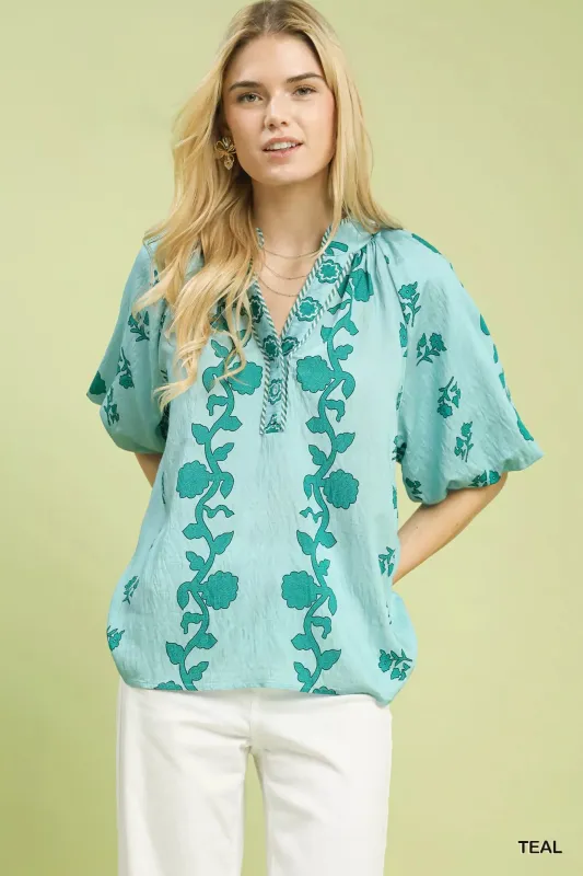 Umgee Collared Floral Print Top made by Trendsi